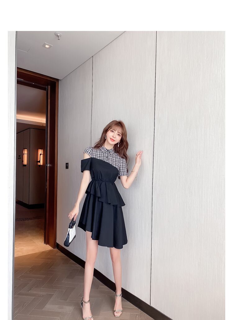 【dress】高級感!気質満点OL通勤POLOネック切り替えチェック柄ワンピースF0033