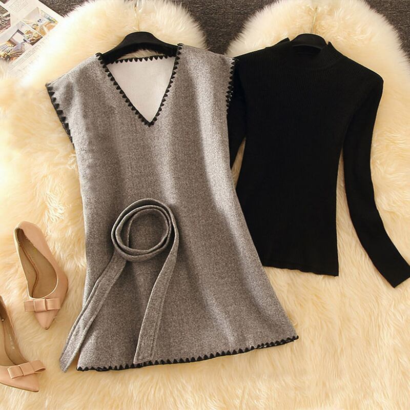 【set】好感度UP!気質満点レトロ長袖セーター+オシャレベストエレガント２点セット G3815
