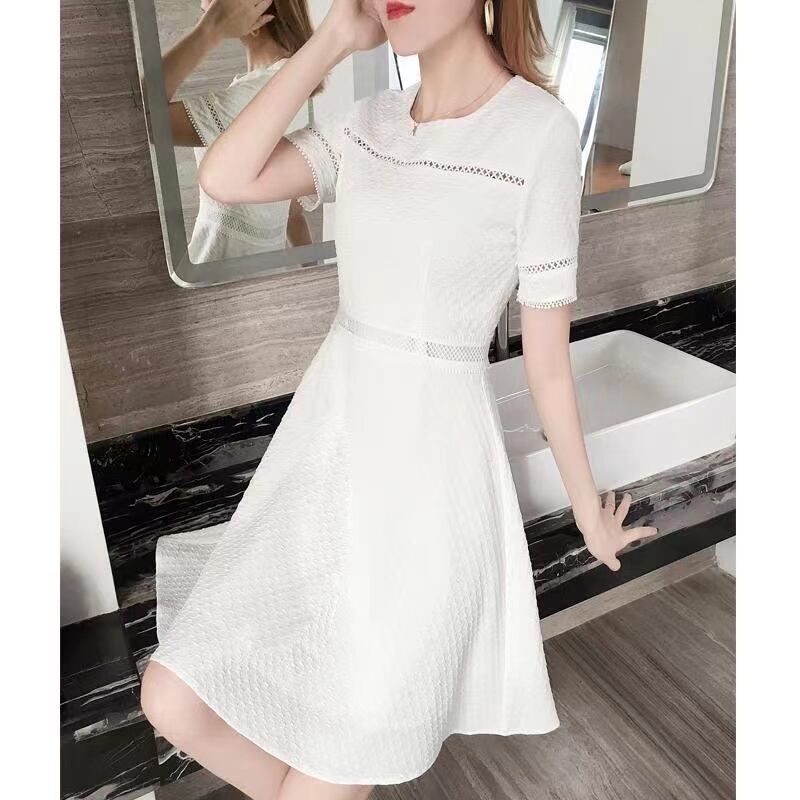 【dress】見逃し厳禁ラウンドネック半袖無地透かし彫り披露宴二次会AラインワンピースF2113