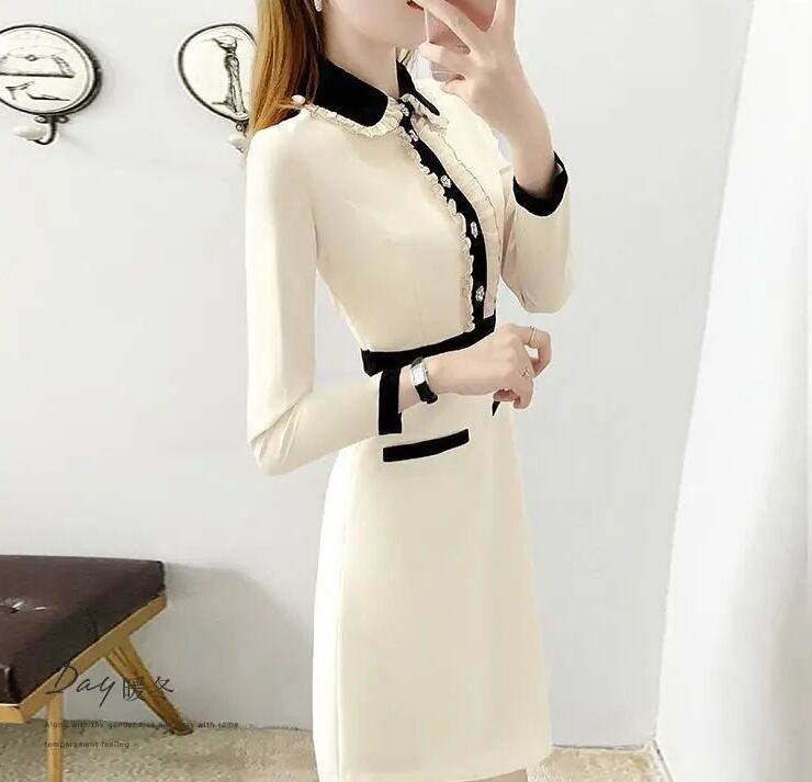 【dress】ポロカラー長袖体型カバーおしゃれ配色AラインワンピースF1339