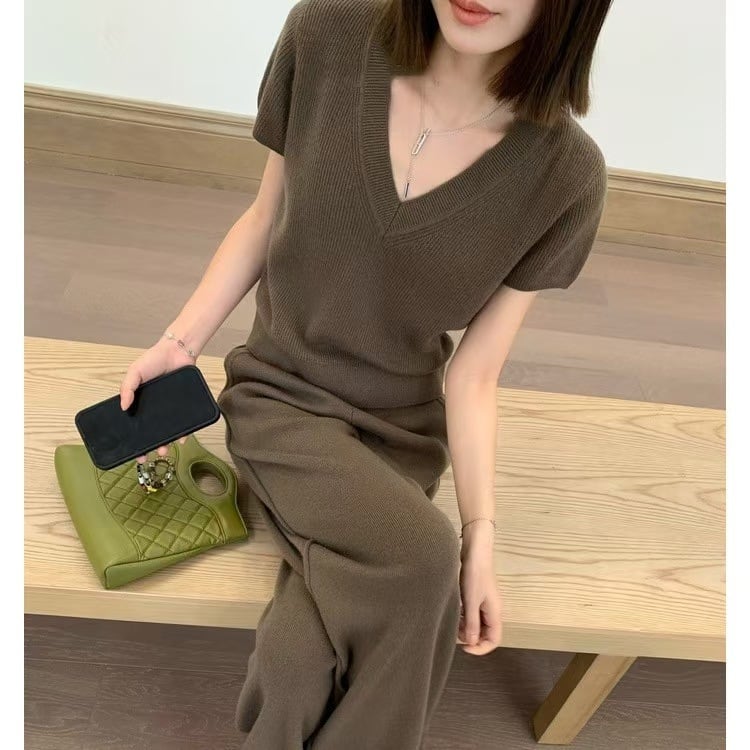 【set】ニットTシャツ×ニットカーデ×ワイドパンツセット　M25831