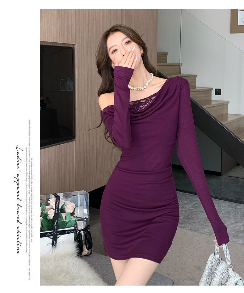 【dress】オフショルダーレース切り替えワンピース　M27768