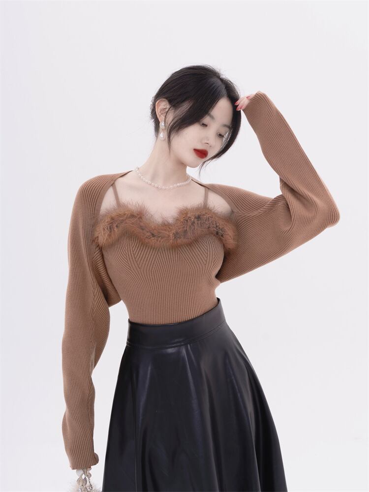 【tops】フェイクファーキャミソール×カーディガンセット　N2128