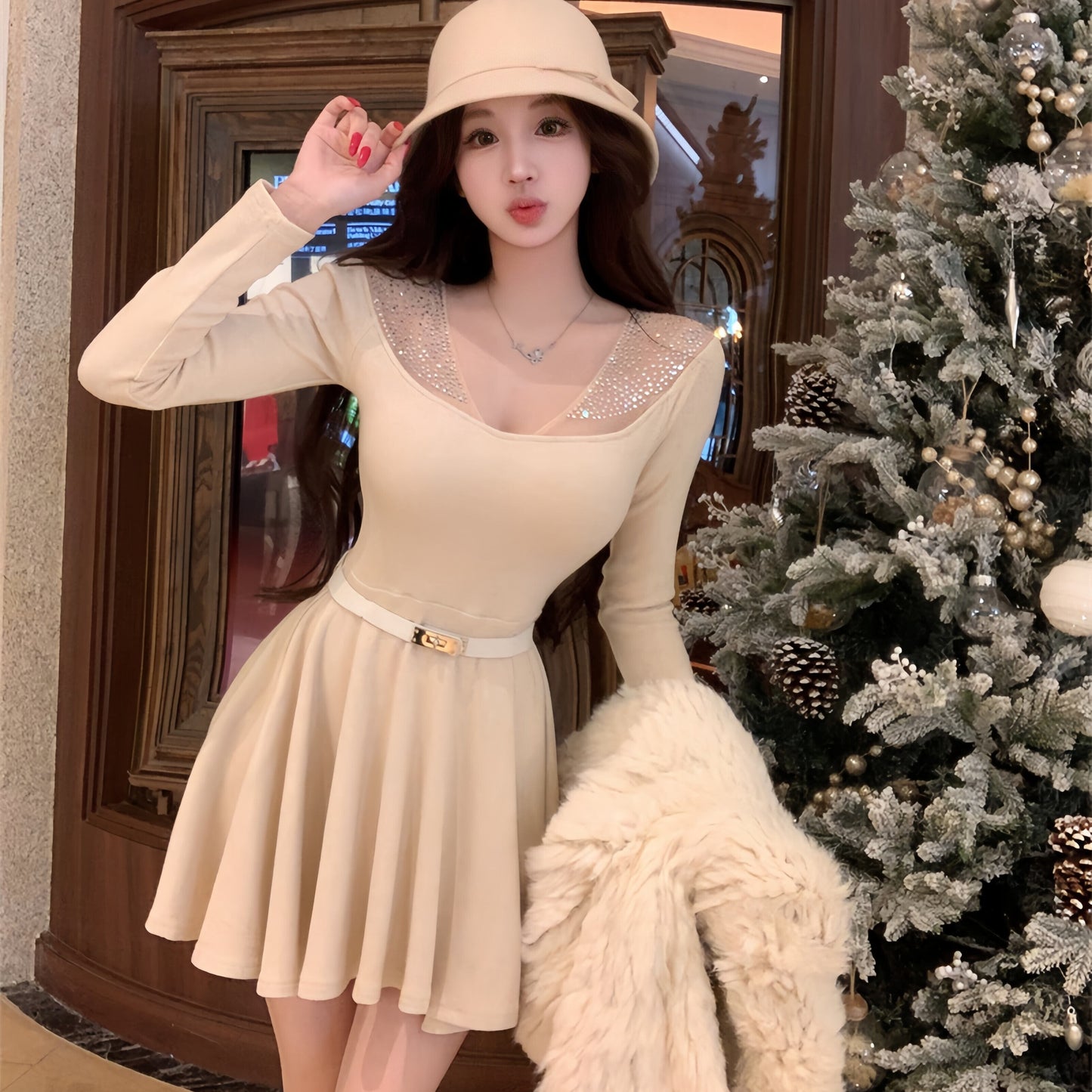 【dress】ラインストーンチュールニットミニワンピース　N3508