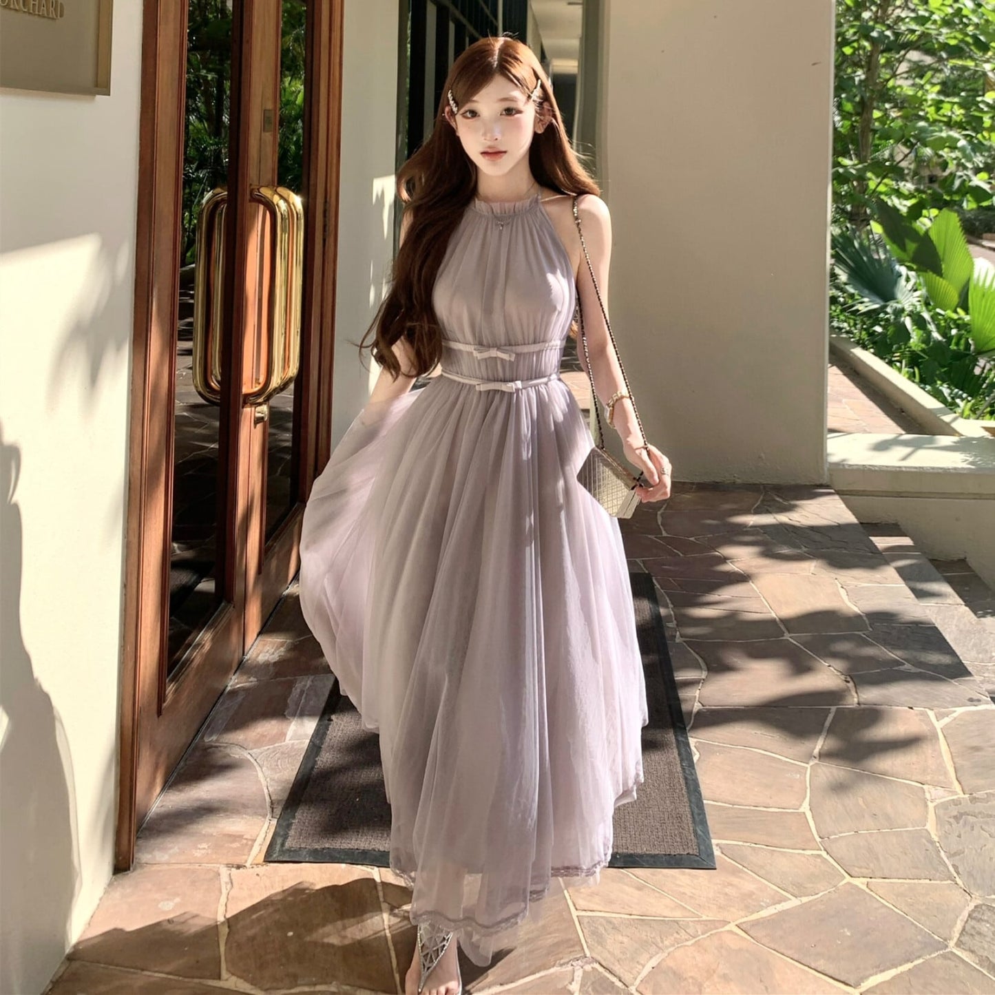 【dress】バックリボンチュールロングワンピース　N3217