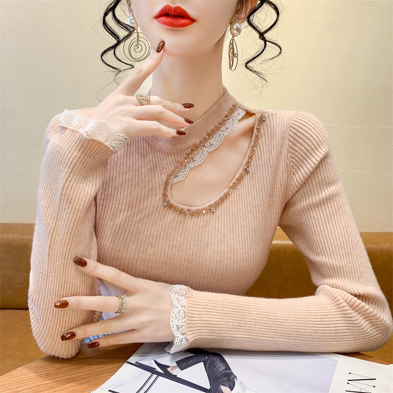 【tops】レース切り替えニットトップス　M28664