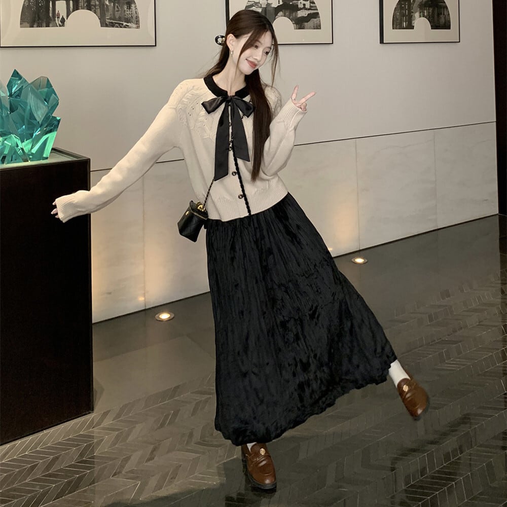 【set】リボン付きニットカーデ×スカートセット　M27217
