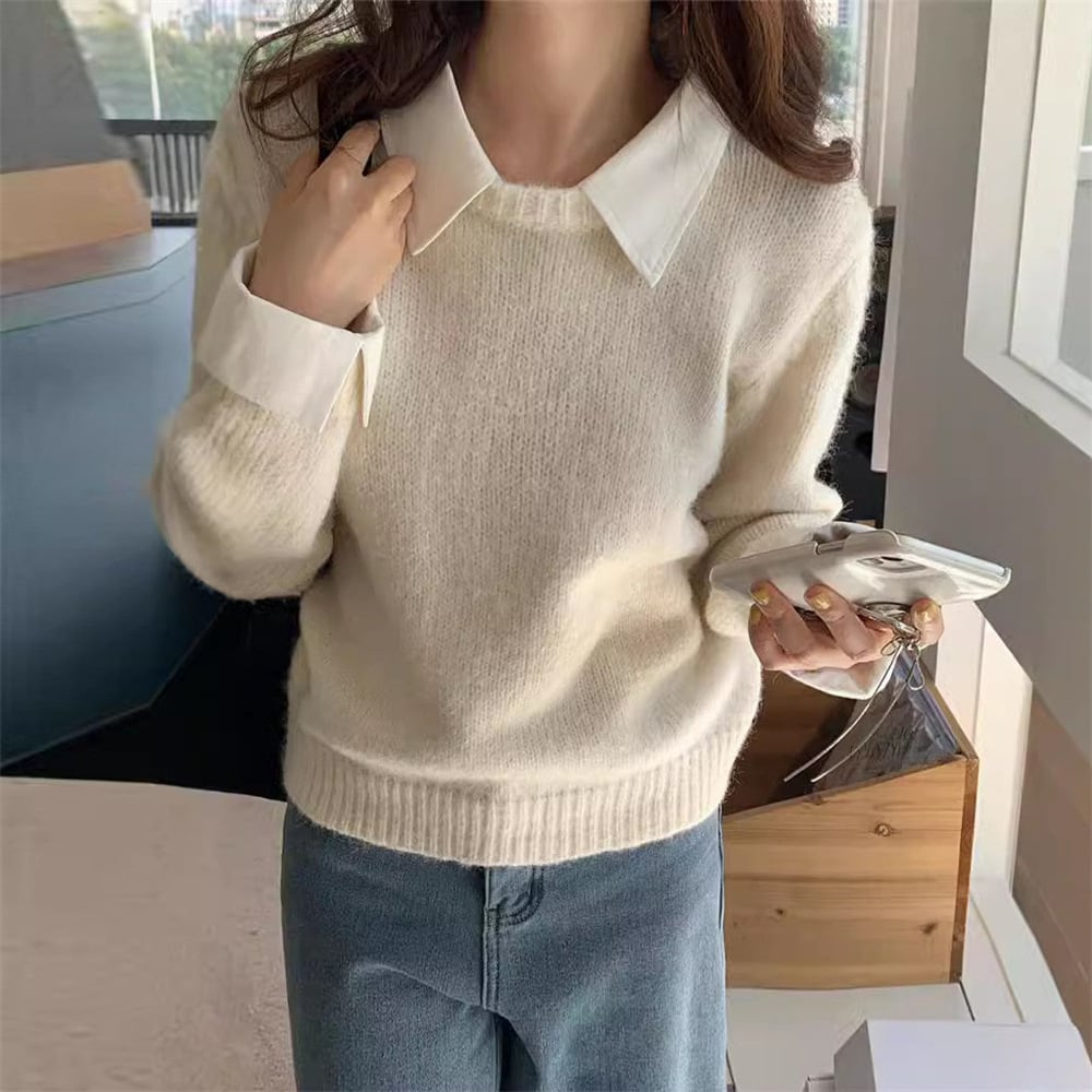 【tops】シャツ切り替えニットセーター　M25973