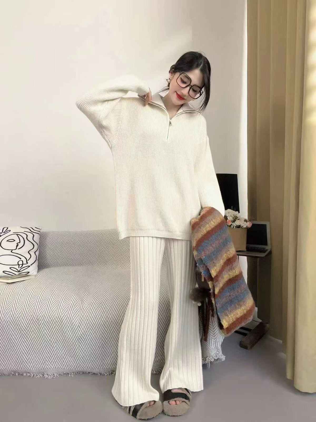 【set】ファスナーニットトップス+ワイドパンツセット　M26741