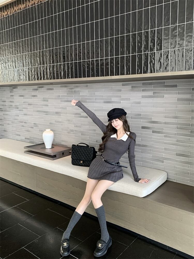 【dress】折り襟ニットワンピース　M28887