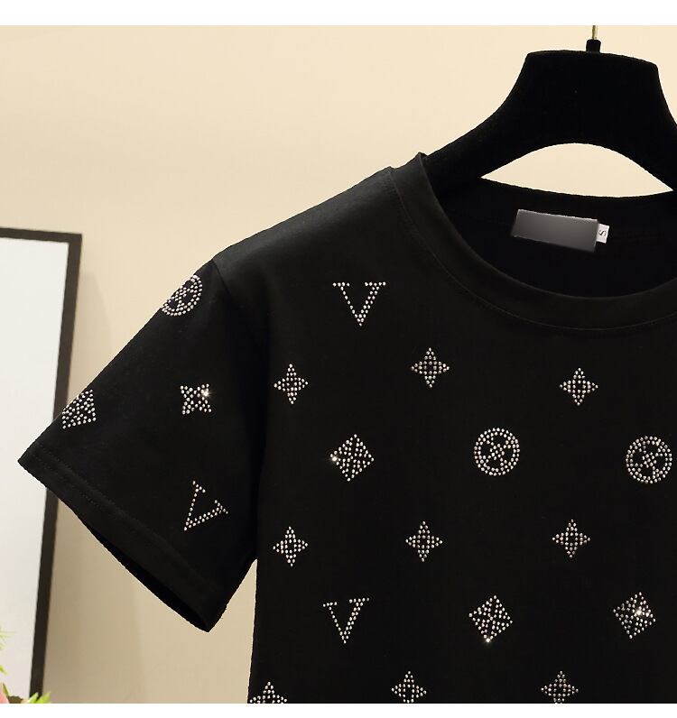 【tops】オシャレ度満点〜夏新作2色ラウンドネック半袖韓国ファッション人気着回しTシャツF2769