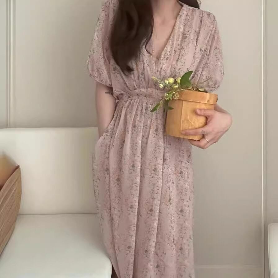 【dress】Vネック花柄パフスリーブワンピース G20746