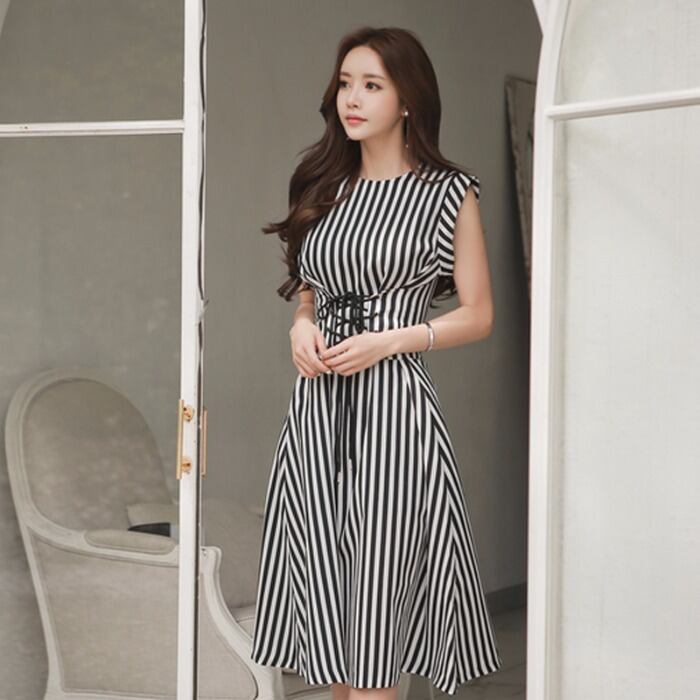 【dress】夏好感度UP!韓国風気質満点レトロラウンドネックストライプ柄ワンピース