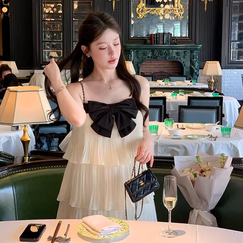 【dress】リボン付きティアードキャミワンピース Q8464
