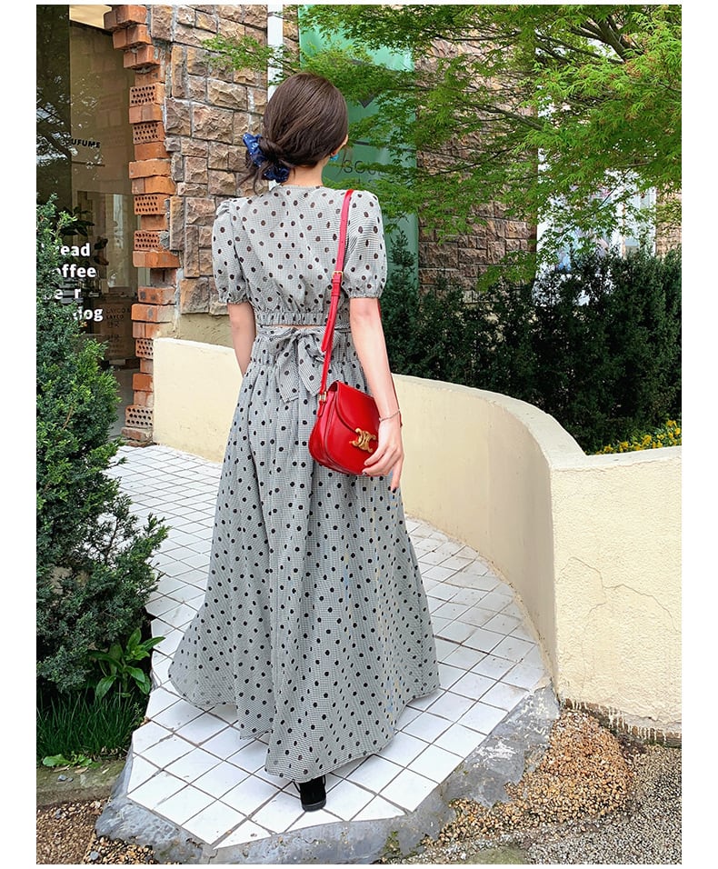 【set】ドット柄トップス×ロング丈スカートセット　M23928
