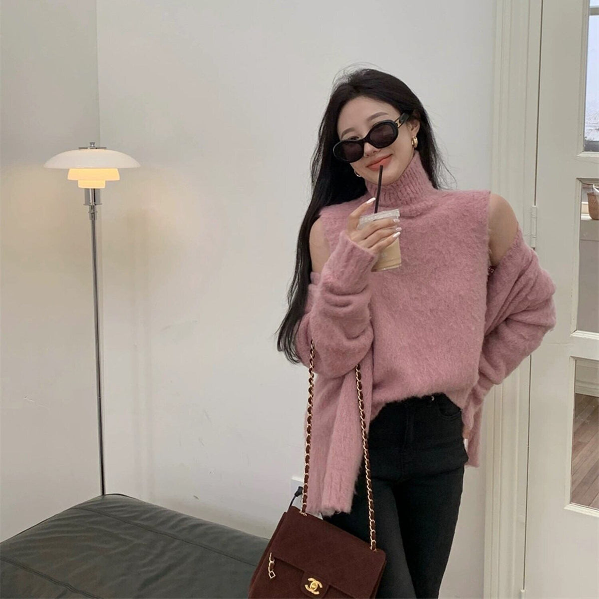 【tops】ハイネックノースリニットトップス×カーディガンセット　N2147
