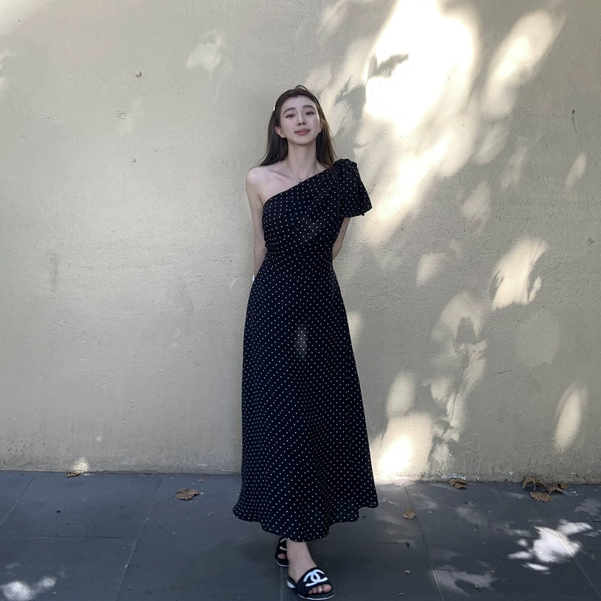 【dress】ワンショルダーリボンドット柄ワンピース　N3045
