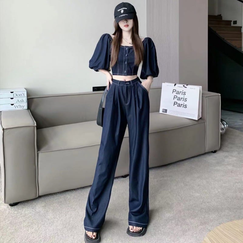 【set】オフネック半袖パフ袖ブラウス+無地ガウチョパンツ2点セットF5313