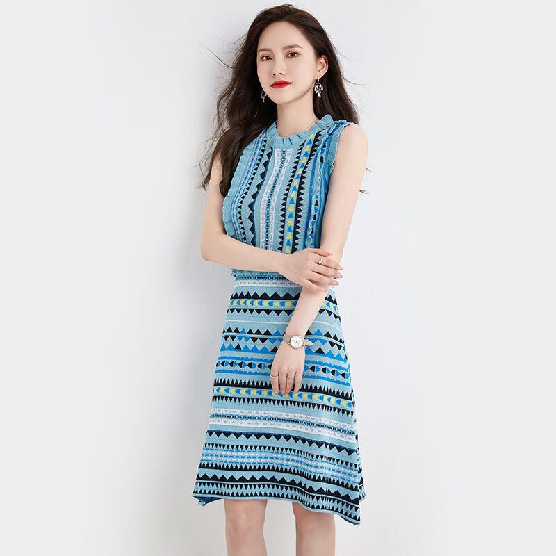 【dress】ファッションストライプ柄切り替え気質満点ノースリーブニット ワンピース G0407