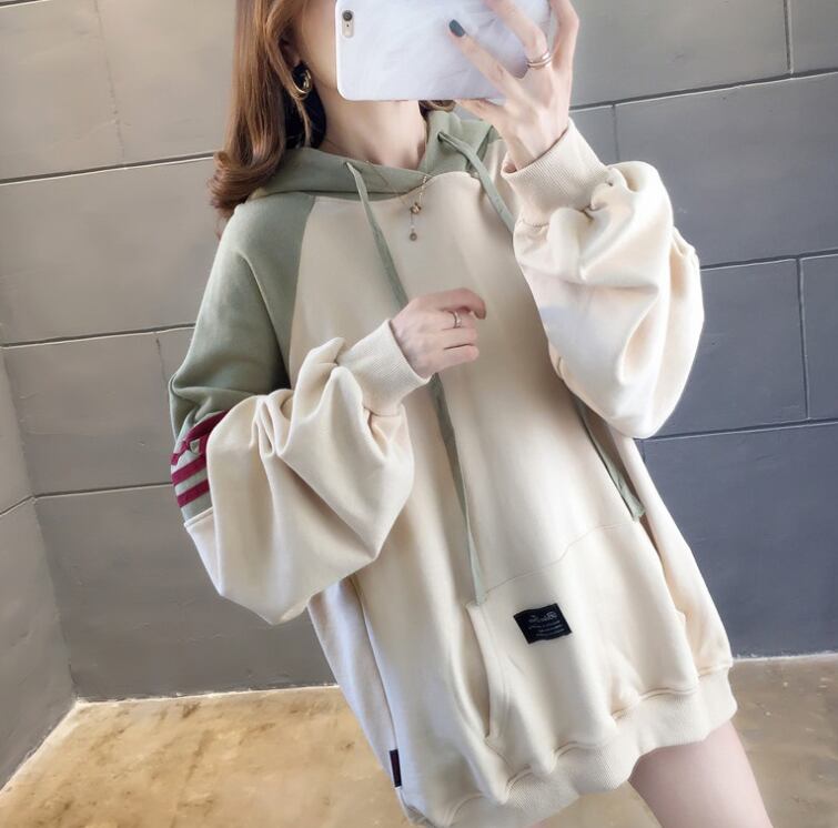 【tops】韓国ファッション長袖フード付き配色ゆったりカジュアルパーカーW0368