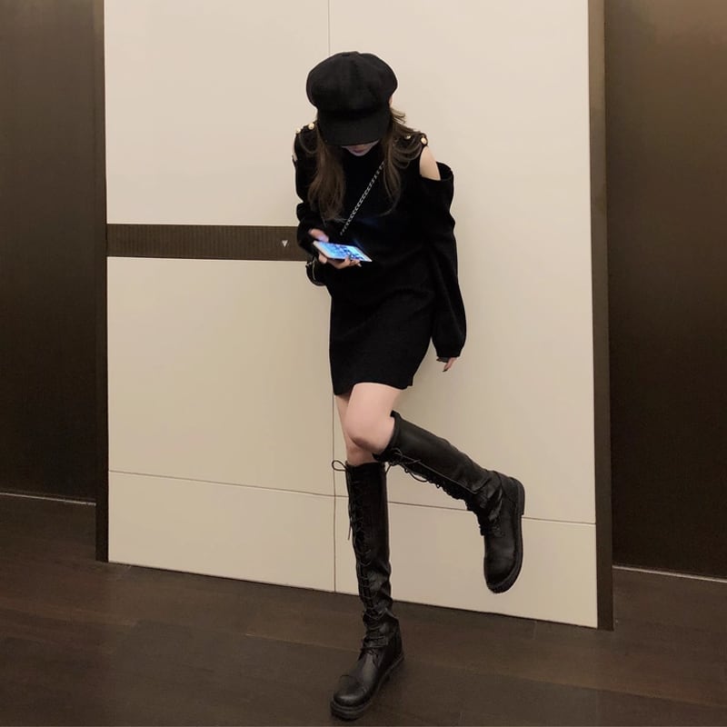 【dress】オープンショルダーニットワンピース Q7576