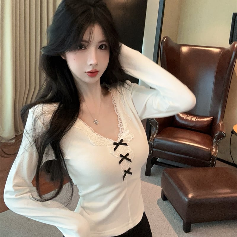 【tops】Vネックレースドッキングトップス Q7107
