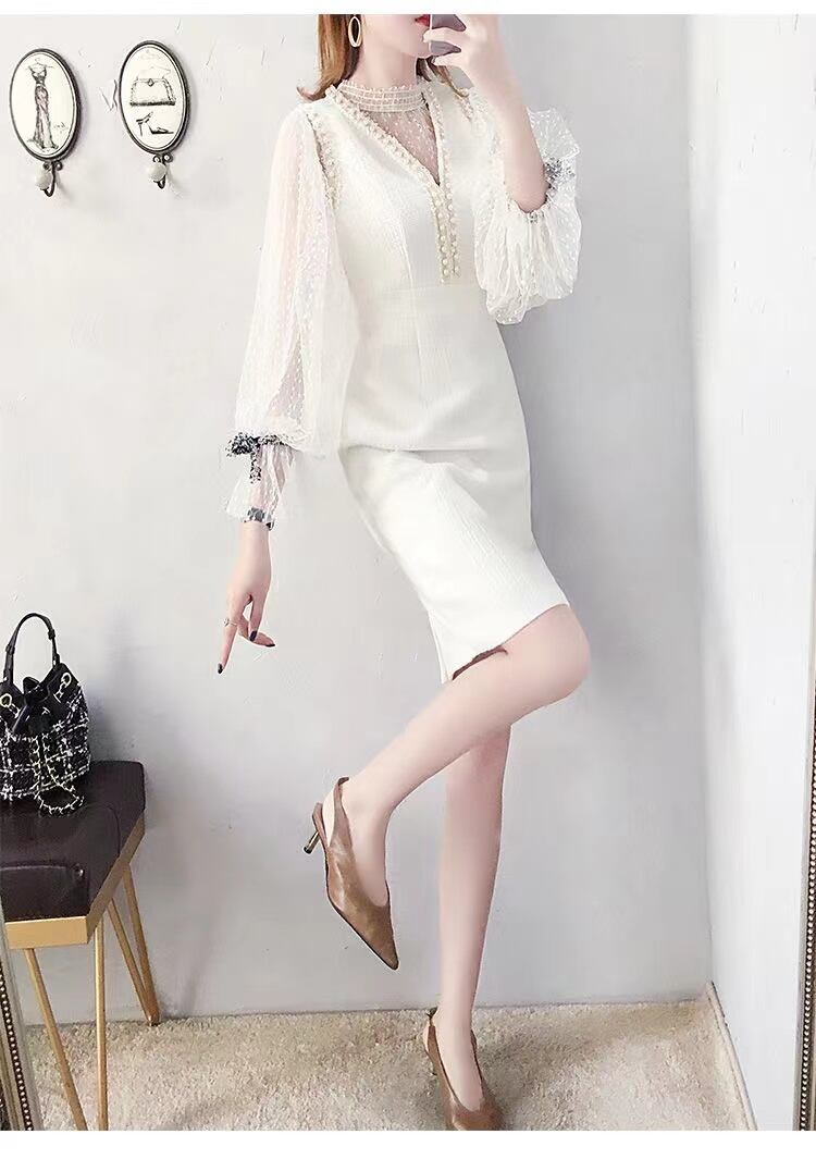 【set】一目惚れ！長袖ラッパ袖レーストップス+Vネック体型カバーベストOL通勤セットアップF1553