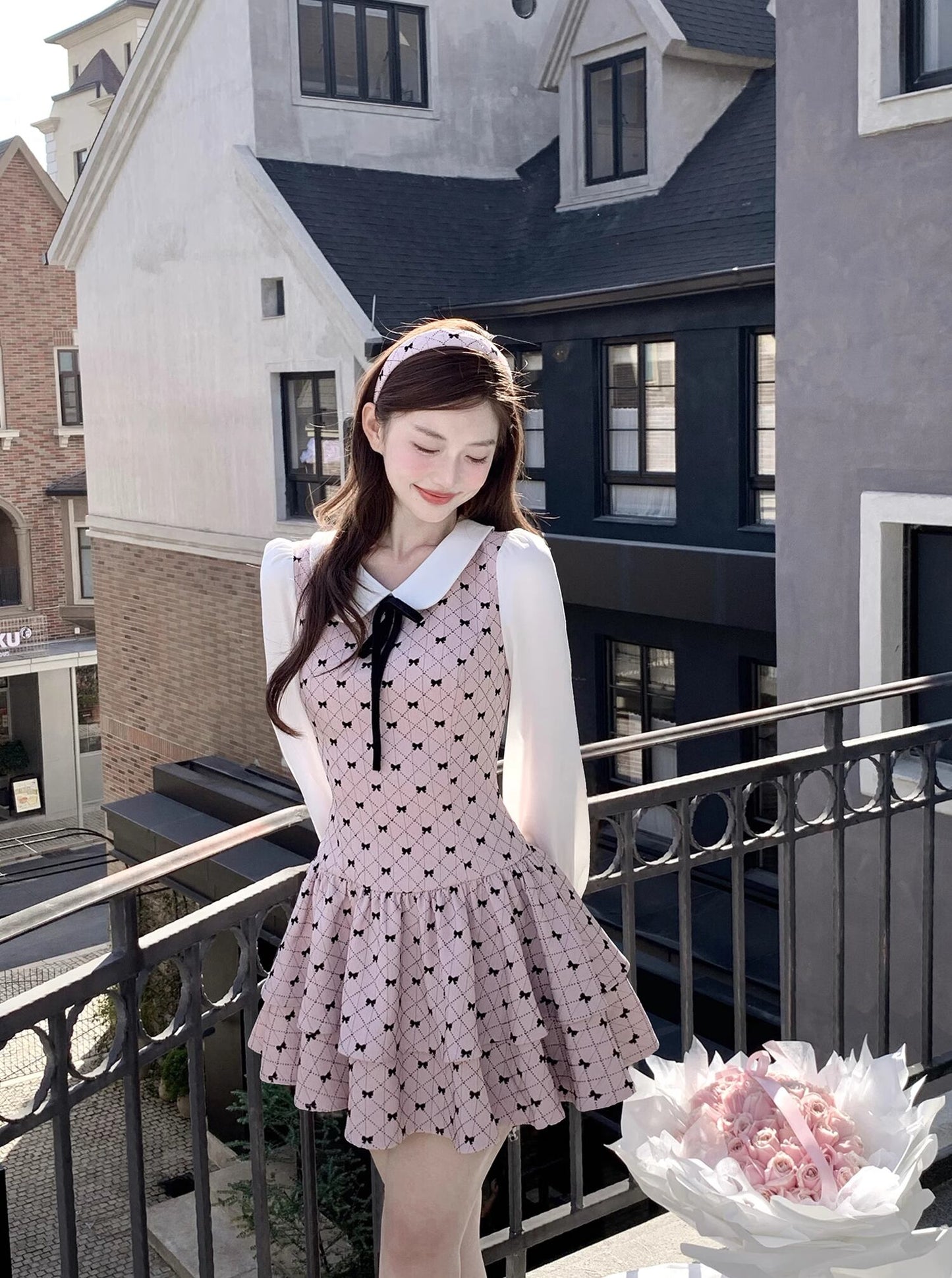 【dress】ピーターパンカラーフェイクレイヤードワンピース Q7570