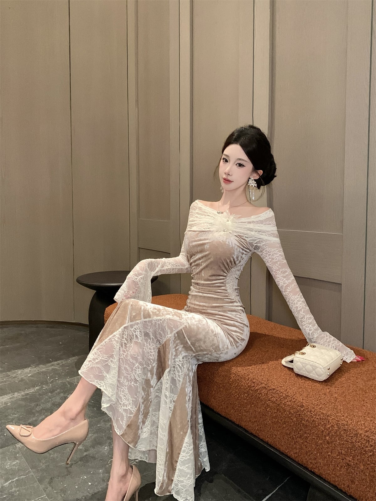 【dress】オフショルダーレースマーメイドワンピース Q7879