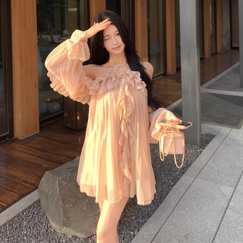 【dress】ホルターネックギャザーフリルミニワンピース Q8317