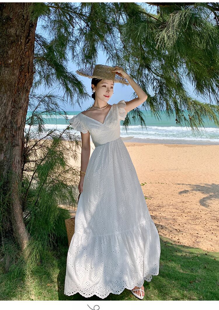 【dress】Vネック透かし彫り海旅行ワンピースF6080