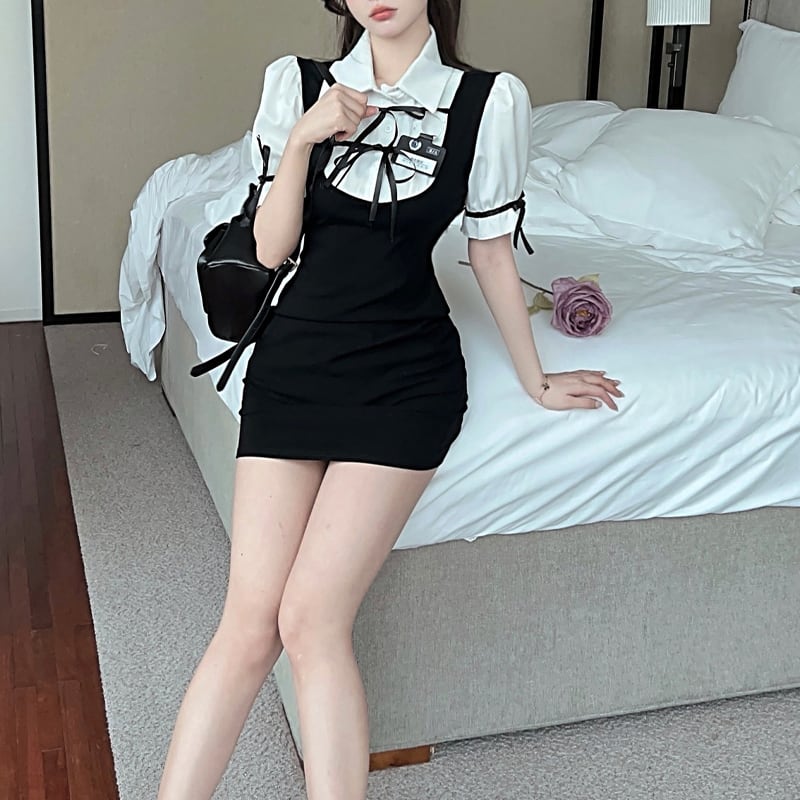 【dress】リボン付きフェイクレイヤードワンピース Q8415