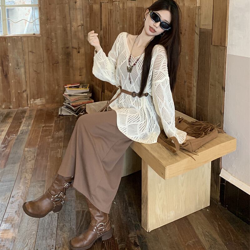 【set】カットワークニットトップス×キャミワンピースセットベルト付　M29503