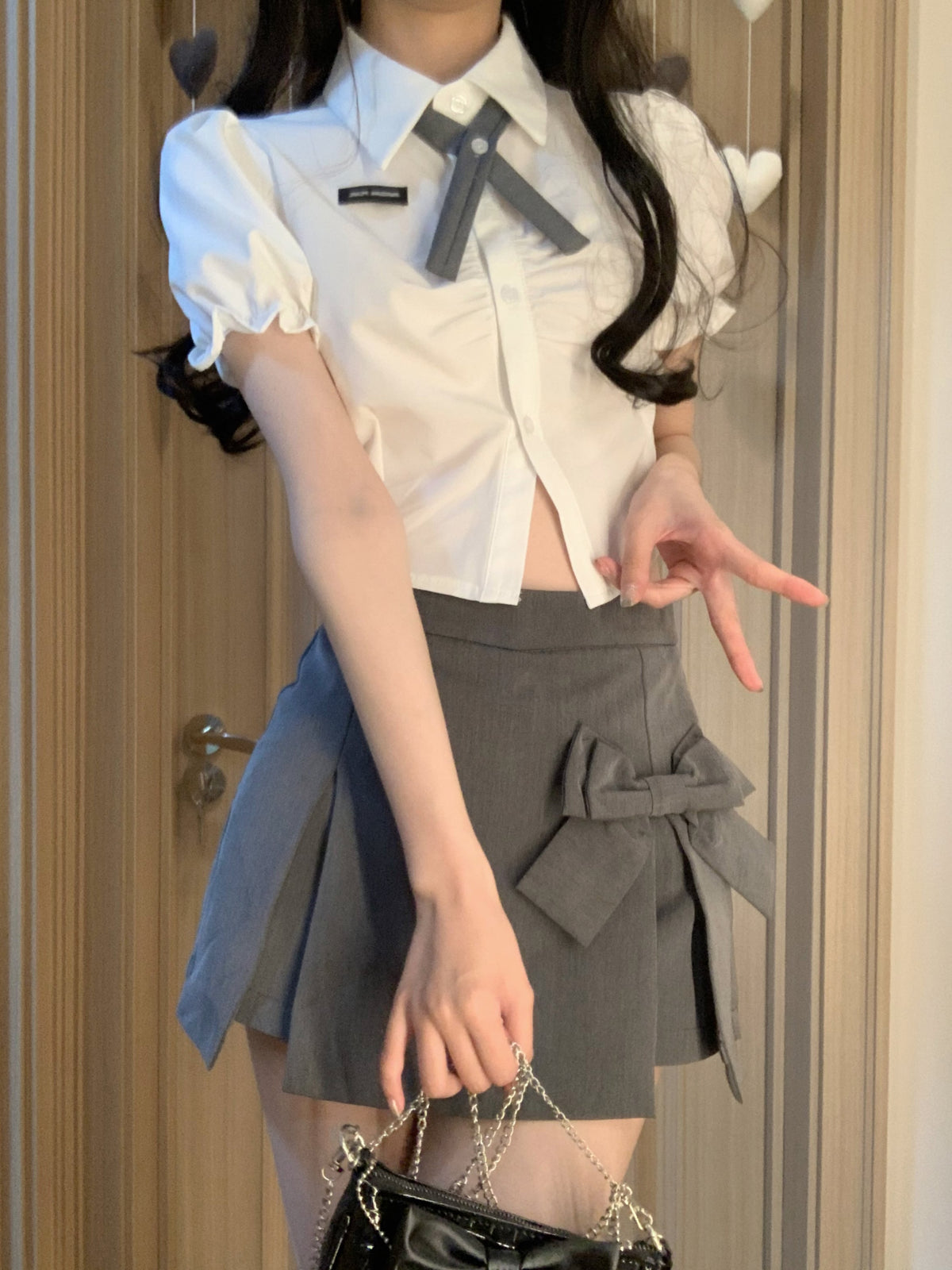 【set】リボン付きシャツトップス×スカートセット　M24701