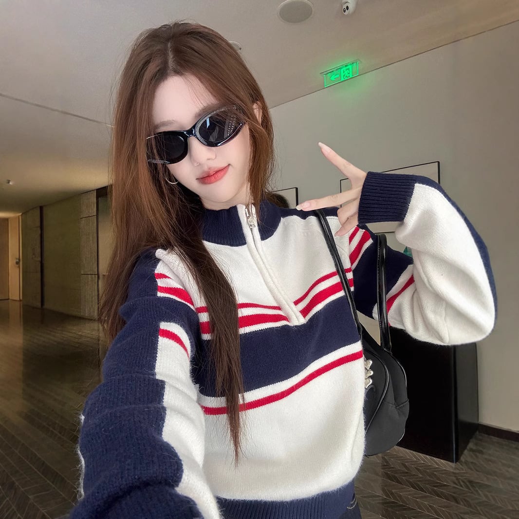 【tops】配色ニットトップス　M27196