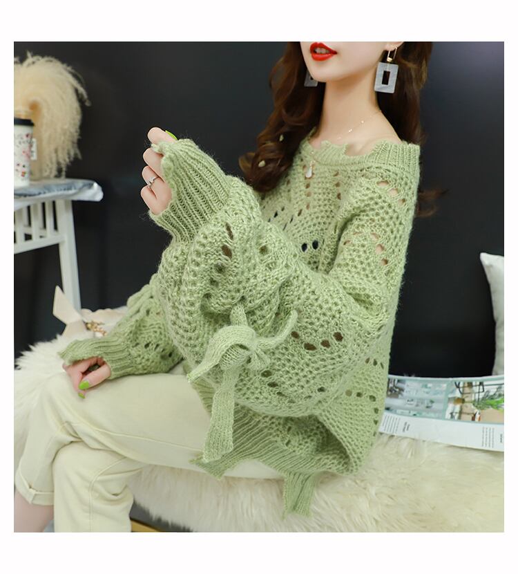 【tops】韓国ファッション3色ラウンドネック長袖透かし彫り薄手ニットセーターF0634