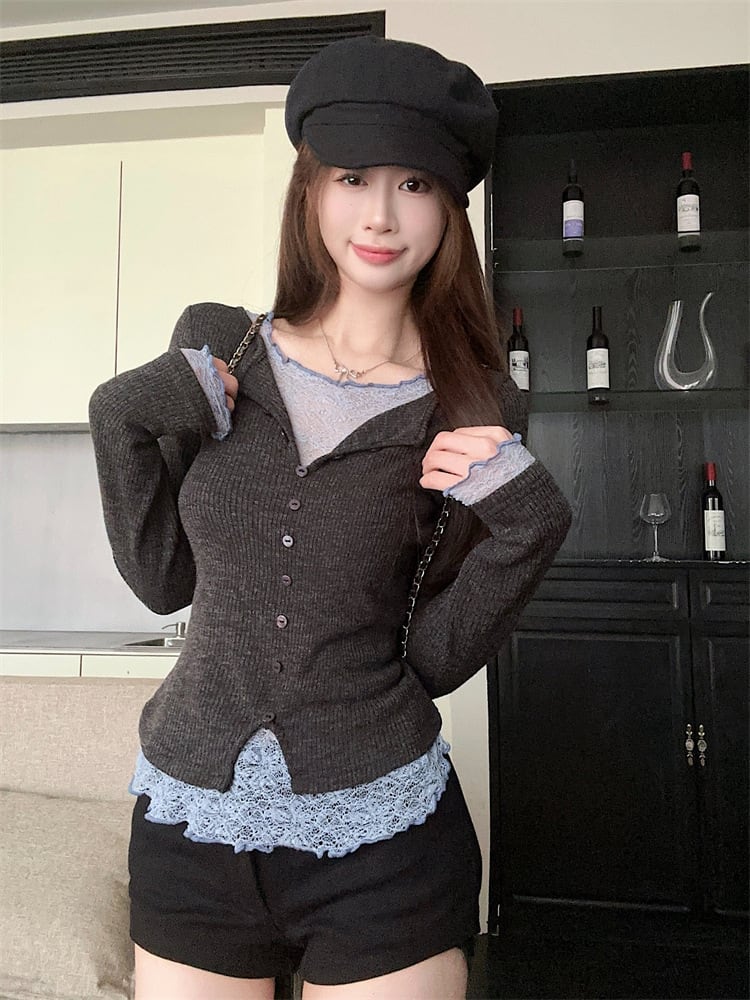 【【tops】レースドッキングニットトップス　M28831
