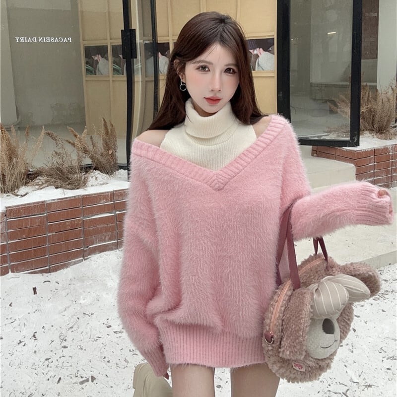 【tops】オフショルダー切り替えニットセーター　M27533
