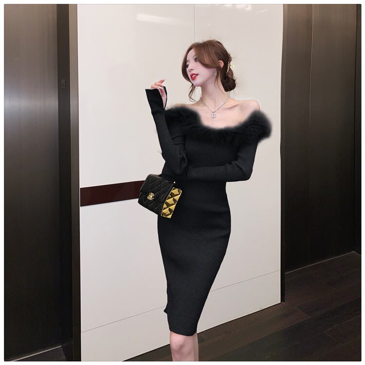 【dress】フェザーオフショルダーニットワンピース　M17993