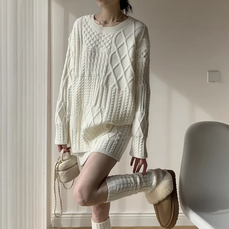 【set】ロングニットトップス×ストレートスカート×レッグウォーマー3点セット Q7720