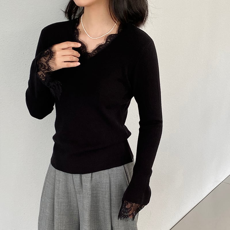 【tops】レースドッキングニットトップス Q7236