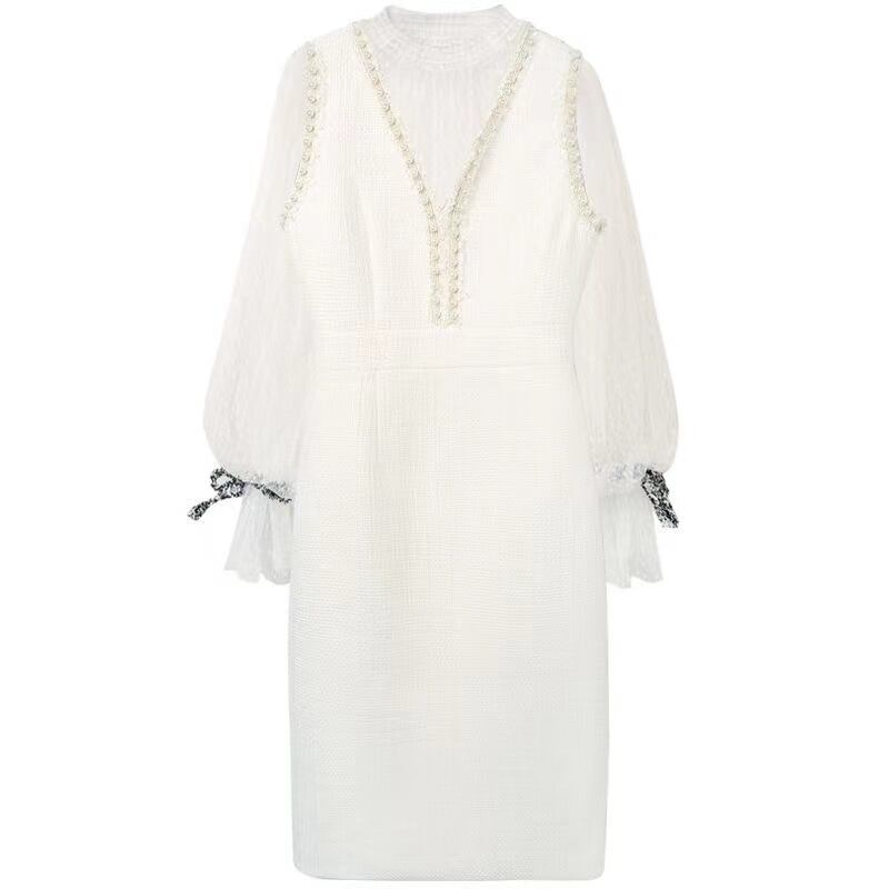 【set】一目惚れ！長袖ラッパ袖レーストップス+Vネック体型カバーベストOL通勤セットアップF1553