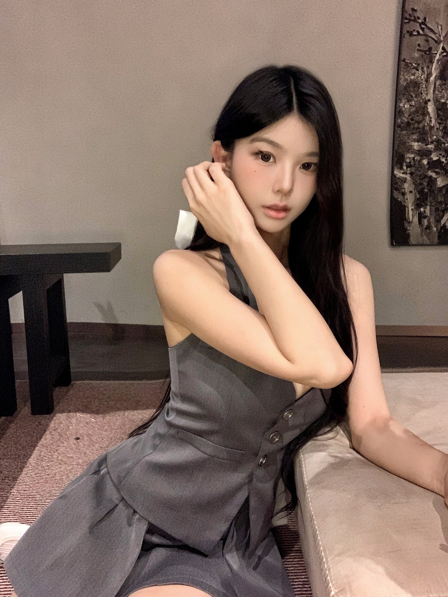 【set】リボンホルターネックチョッキ+スカート２点セットG21404