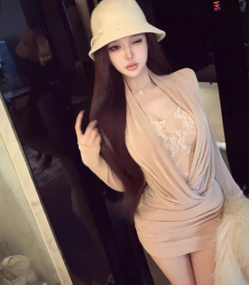 【dress】レースドッキングドレープドネックタイトワンピース Q7546