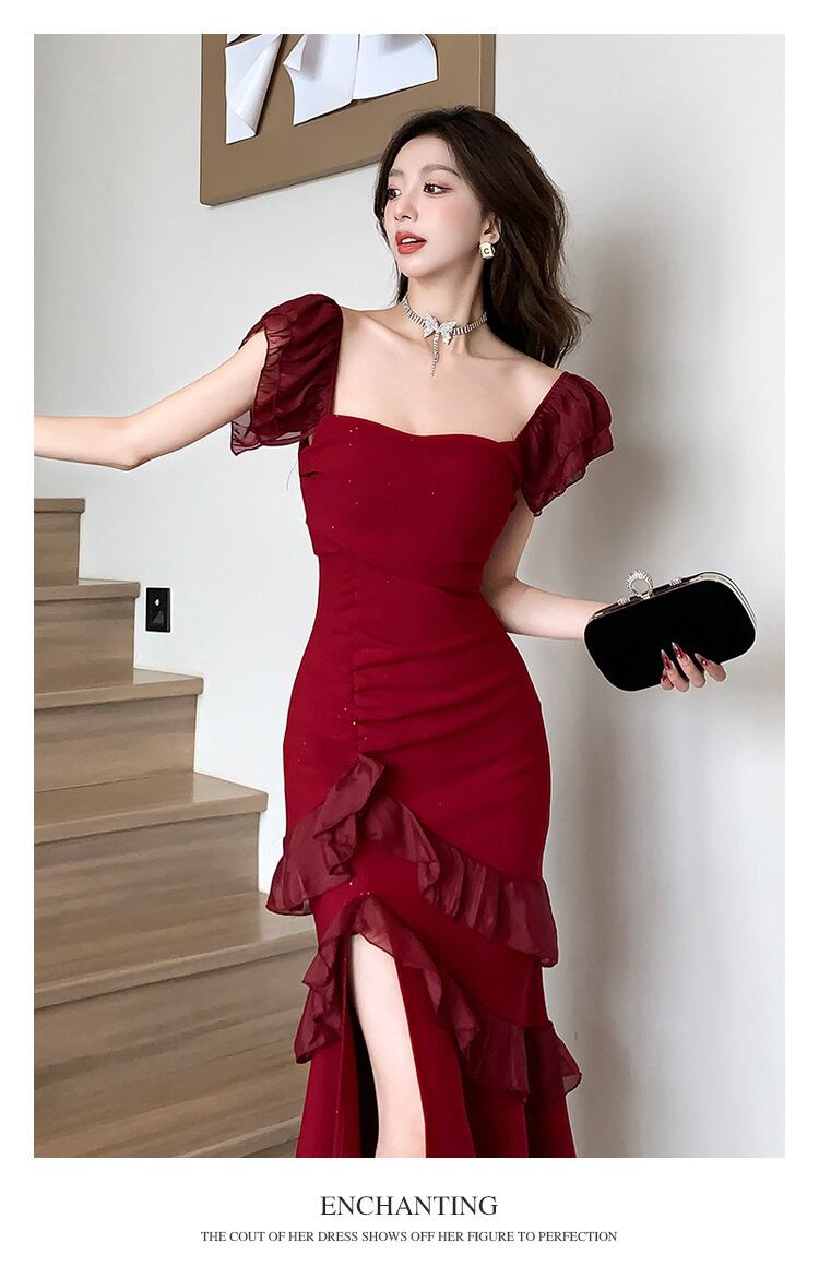 【dress】フリル不規則スリットワンピース G20665