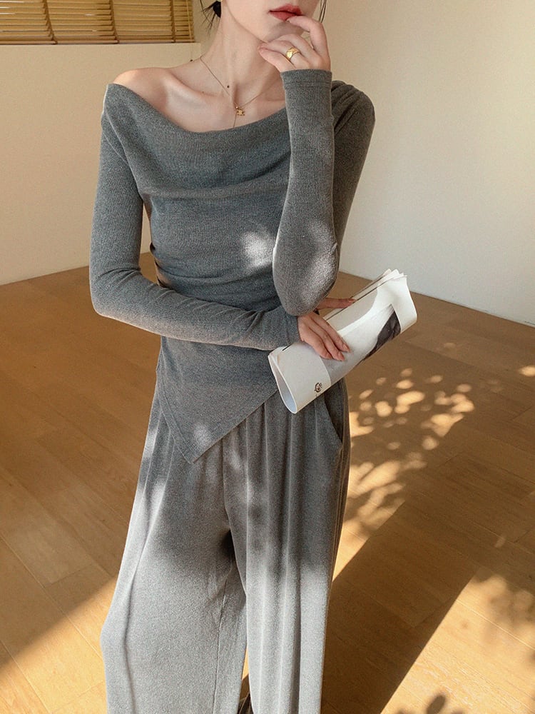 【set】オフショルトップス×ワイドパンツセット　N2804