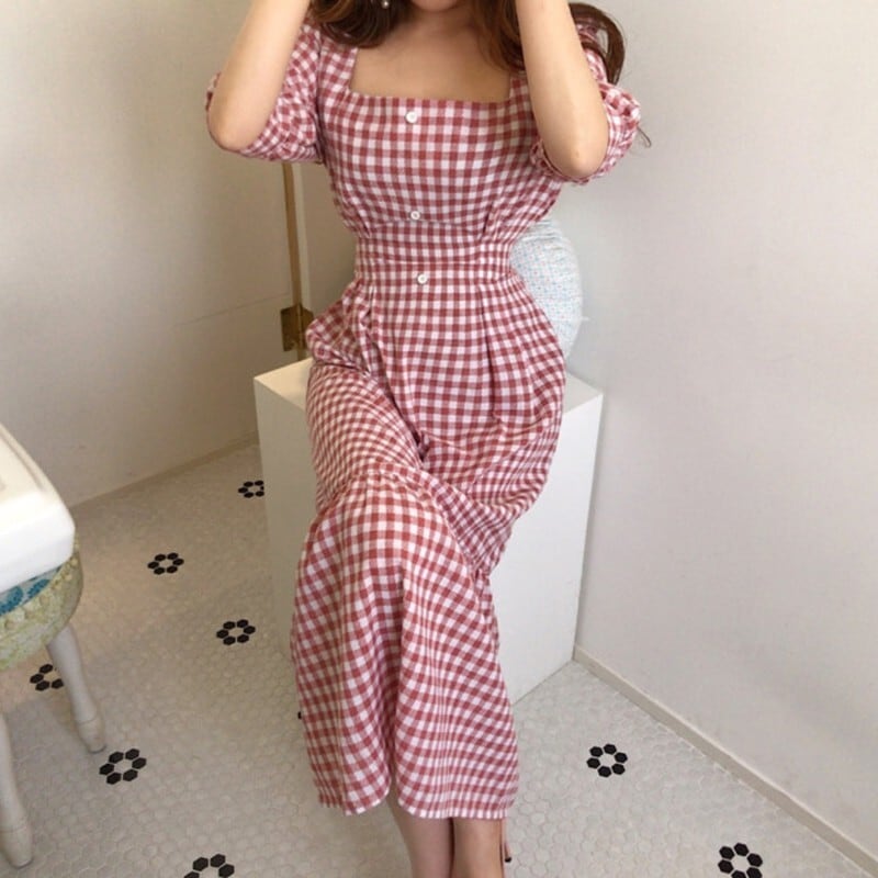 【dress】優しい雰囲気気質満点レトロスクエアネック着痩せ5分袖チェック柄ワンピース G1641