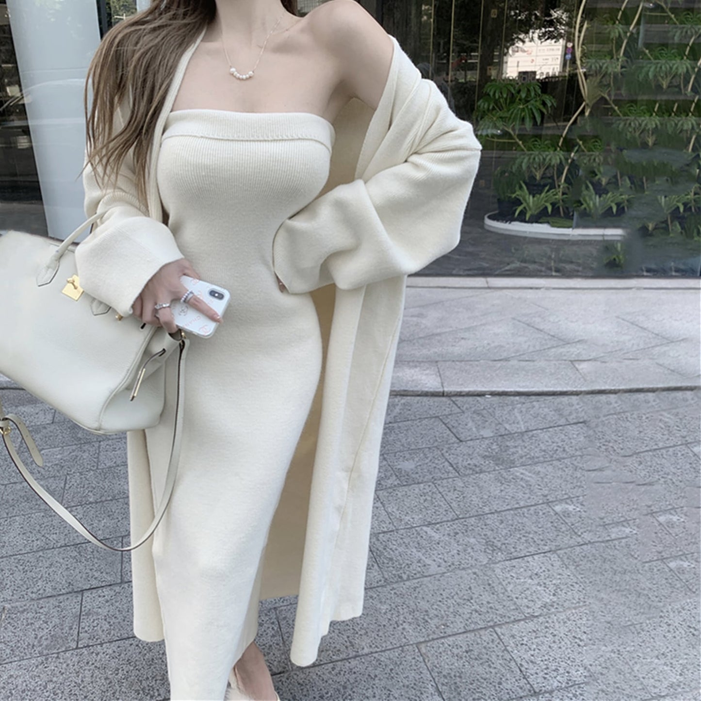 【set】ロング丈カーディガン×ベアトップワンピースセット　N2799