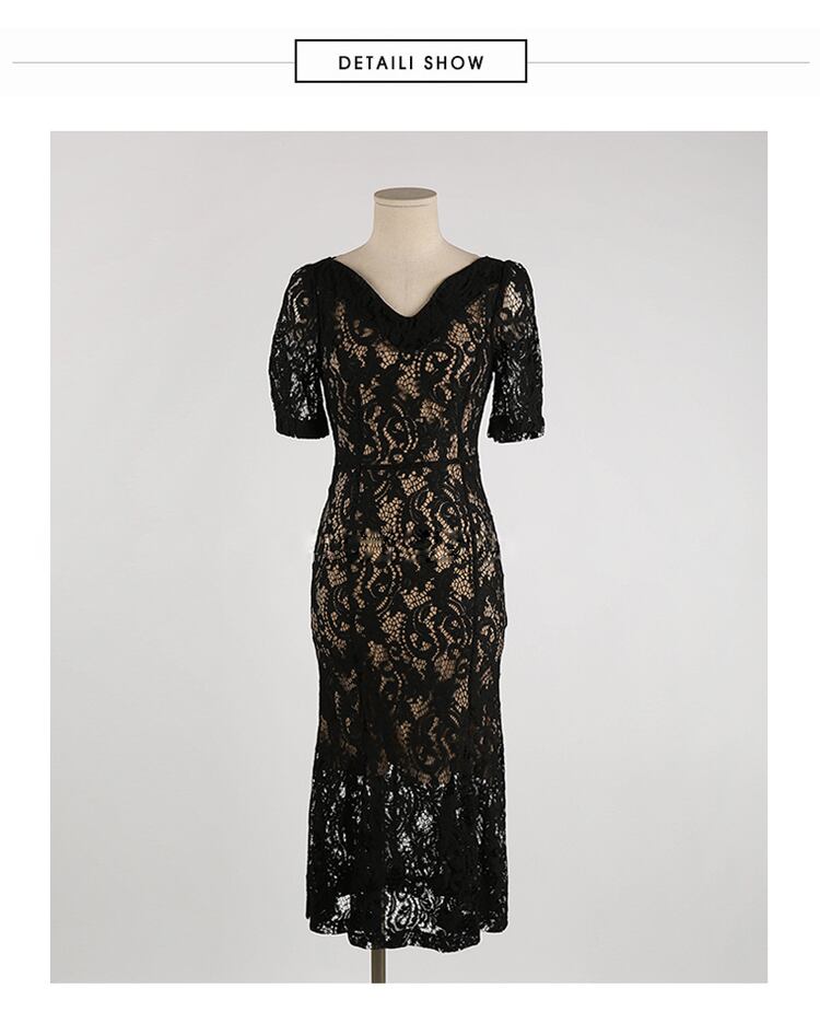 【dress】韓国ファッションVネック半袖レース体型カバー気質淑女マーメイドワンピースF0293