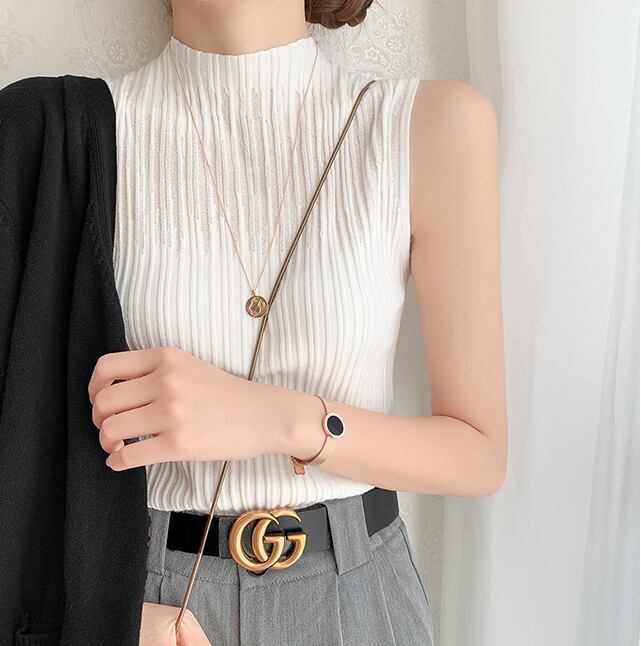 【tops】選べる7色！夏新作ノースリーブ無地着回し着やせ薄手ニットタンクトップF2193